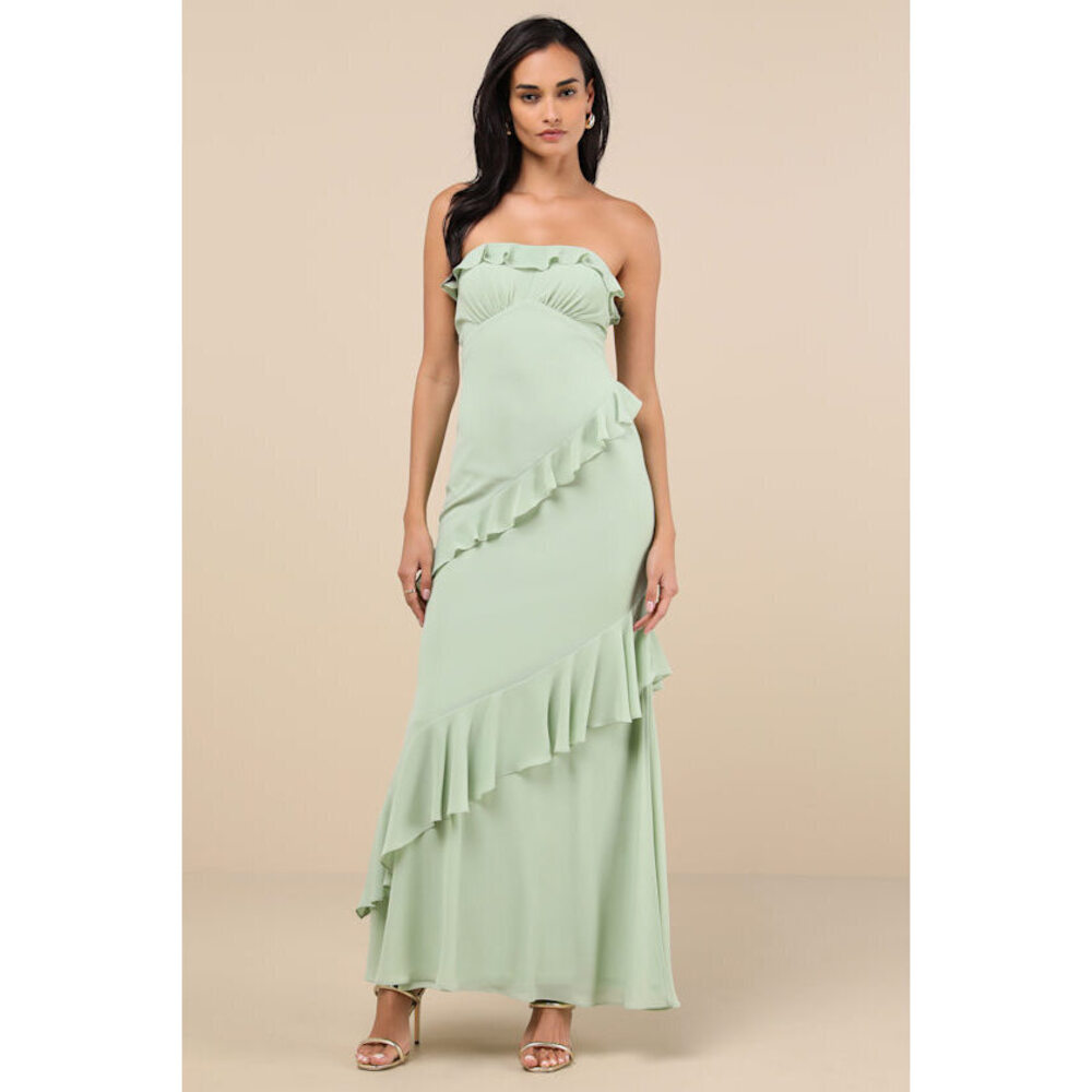 Lulus Dramatic Allure Sage Green Ruffled Cutout Strapless Maxi Dress - Size S